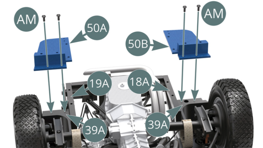 Position the left rear (50A) and right rear (50B) panels, respectively onto the left (19A) and right (18A) frames, as well as on the chassis floor (39A), then secure each of them to the latter with two AM screws. Then attach the left rear (50A) and right rear (50B) panels to the left (19A) and right (18A) frames with four CM screws.