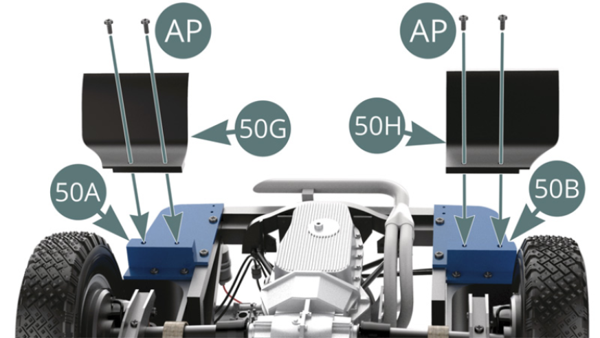 Positionner les bavettes garde-boue gauche 50G et droite 50H, respectivement sur les rebords des panneaux arrière gauche 50A et arrière droit 50B, puis fixer chacun d’eux avec deux vis AP.Les bavettes garde-boue arrière sont montées sur le châssis.