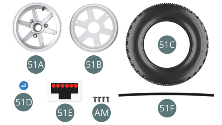 51A Outer wheel rim 51B Inner wheel rim 51C Tyre 51D Hub cap 51E Battery Sticker 51F Breather hoseScrew AM M 1.7 x 4 mm (x 4) 