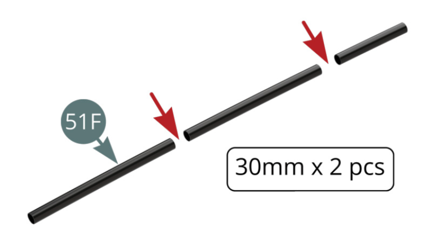 Cut two pieces of 30mm each from the breather hose (51F). Position the two breather hoses (51F) on the air inlet pipes (4G). 