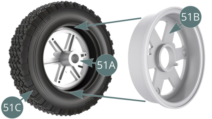 Positionner la jante de roue intérieure 51B dans le pneumatique 51C en l’alignant avec la jante extérieure 51A et la fixer avec trois vis AM (illustrations ci-contre et ci-dessous).