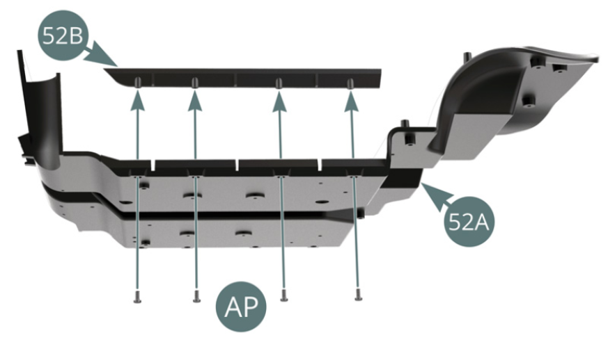 Position the left lateral edge (52B) on the cabin floor (52A) and secure – from below - with four AP screws. Position the right lateral edge (52C) on the cabin floor (52A) and secure – from below - with four AP screws.