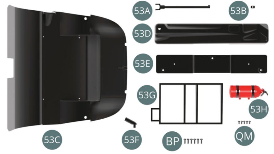 53A Lenksäule 53B Universal-Querstange53C Verkleidung des hinteren Kabinenraums 53D Kraftstofftank 53E Boden des Kraftstofftanks 53F Einfüllstutzen 53G Heckablage 53H Feuerlöscher Schraube BP M 1,7 x 5 mm (x 6) Schraube QM M 1,4 x 3 mm (x 5)