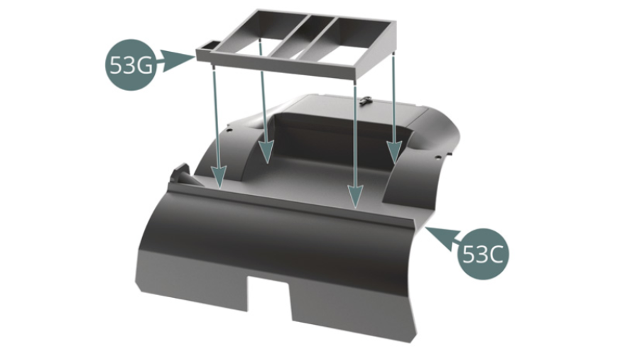 Posizionare la cappelliera (53G) sul pannello della cabina posteriore (53C). Posizionare la base del serbatoio (53E) sul serbatoio (53D) e fissarla con tre viti BP.