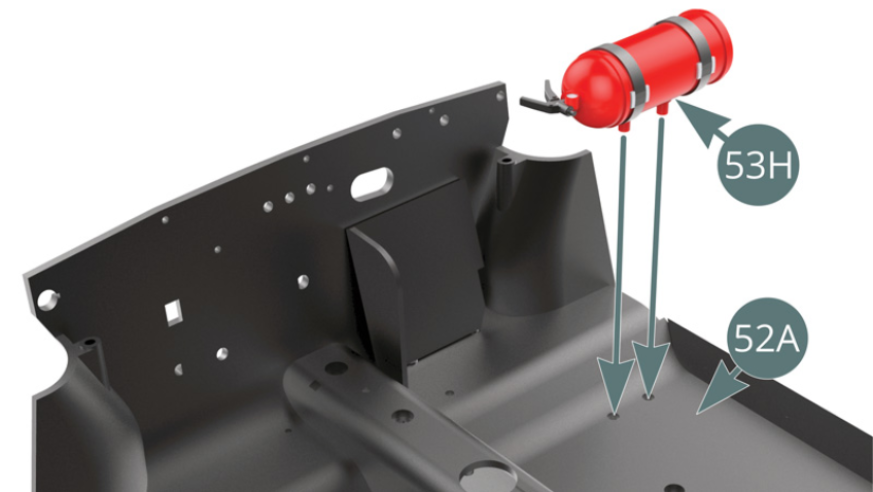 Position the fire extinguisher (53H) by using the two openings in the front right corner of the passenger compartment floor (52A) - see illustrations above.