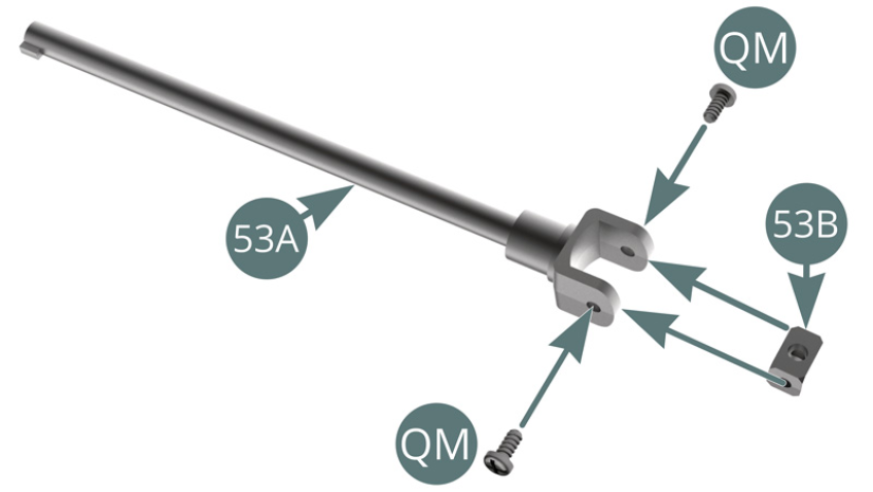 Setzen Sie die Universal-Querstange (53B) auf die Gabel der Lenksäule (53A) und befestigen Sie sie mit zwei QM-Schrauben.