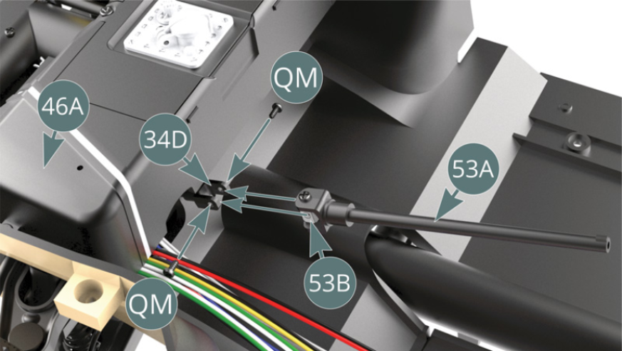 Read the following instructions carefully before starting assembly. Rotate the intermediate shaft (34D) so that its fork is placed on the universal crossbar (53B), then secure it with two QM screws. To facilitate access, the fuel tank (46A) - fitted in parts 48 step 4 - can be temporarily removed. Ensure that when the steering column (53A) is installed, the rack pin is pointing to the right and the wheels are pointing forwards (green arrows).