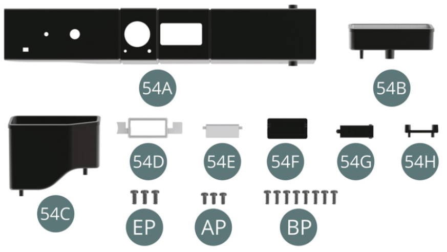 54A Console centrale 54B Porta mappa 54C Porta mappa 54D Telaio del posacenere 54E Coperchio del posacenere 54F Posacenere 54G Blocco della retromarcia 54H Supporto di bloccaggio Vite EP M 2,0 x 5 mm (x3) Vite AP M 1,7 x 4 mm (x3) Vite BP M 1,7 x 5 mm (x8)