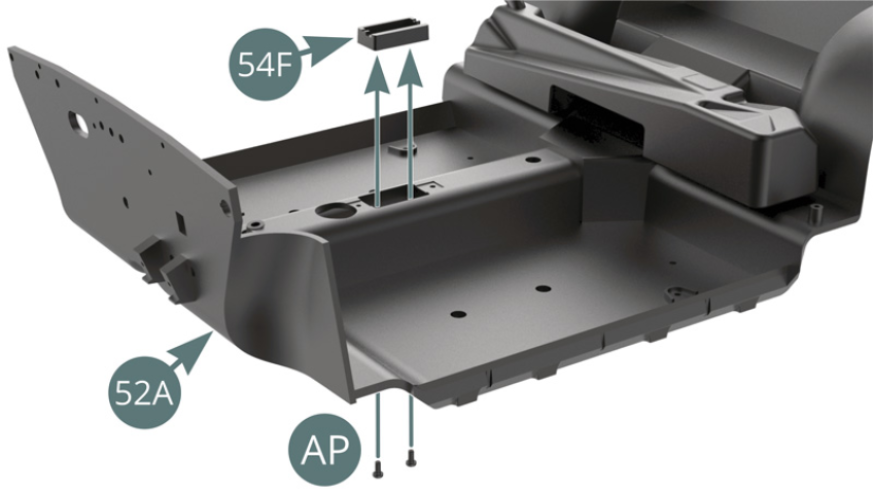 Position the ashtray (54F) on the passenger compartment floor (52A) and secure it from below with two AP screws. Position the ashtray cover (54E) on the ashtray (54F) and then mount the ashtray frame (54D) on the passenger compartment floor (52A) and on the ashtray cover (54E).