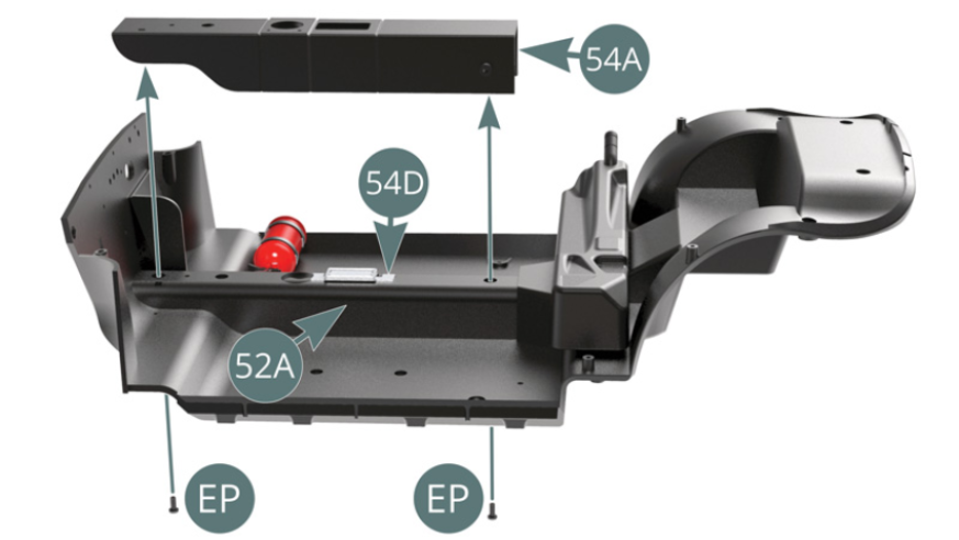 Position the centre console (54A) on the passenger compartment floor (52A) by embedding the ashtray frame (54D), then secure it from below using two EP screws. Place the rear passenger compartment panel (53C) on the passenger compartment floor (52A).