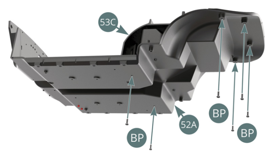 Secure the rear passenger compartment panel (53C) to the passenger compartment floor (52A) from below using six BP screws. Place the reverse gear lock (54G) and its locking bracket (54H) on the centre console (54A). Position the map pockets (54B) on the centre console (54A).