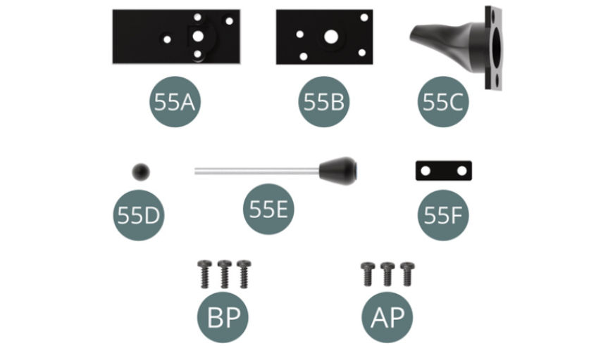 55A Bodenplatte 55B Mittelplatte 55C Faltenbalg des Schalthebels 55D Kugelgelenk 55E Schalthebel 55F Halterung Schraube BP M 1,7 x 5 mm (x 3) Schraube AP M 1,7 x 4 mm (x 3)