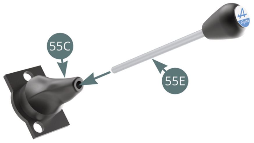 Far passare la leva del cambio (55E) attraverso i soffietti (55C). Posizionare i soffietti (55C) sulla piastra intermedia (55B), facendo passare la leva del cambio (55E) attraverso il foro centrale e più largo.