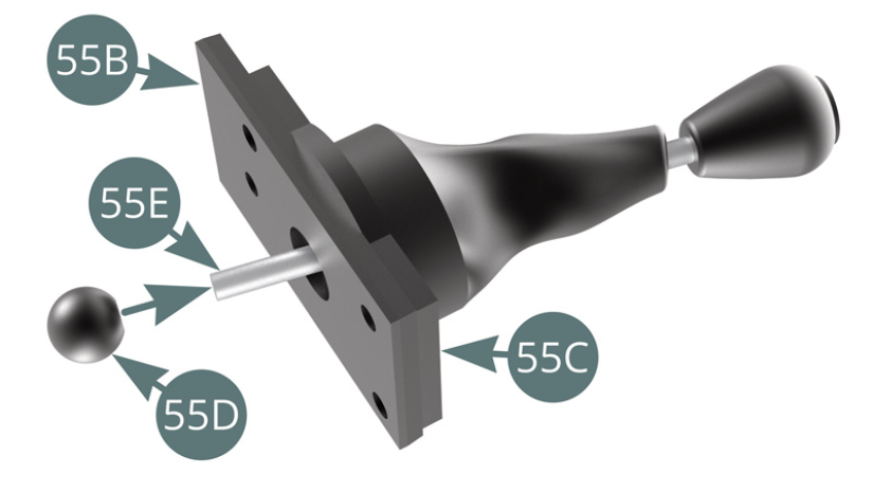 Position the ball joint (55D) at the end of the gear lever (55E). Place the bottom plate (55A) on the middle plate (55B) using its two lugs.