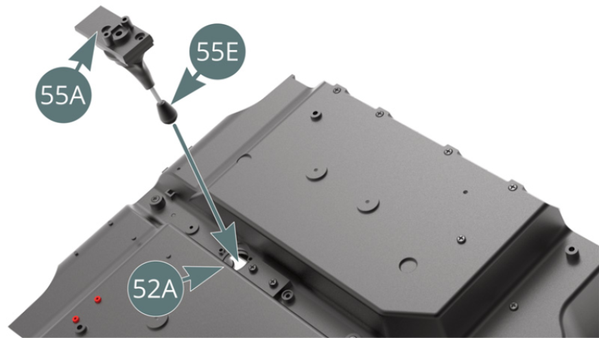 Insert the gear lever (55 E) through the opening underneath the passenger compartment floor (52A), then position the bottom plate (55A) and secure with two BP screws (shown above).