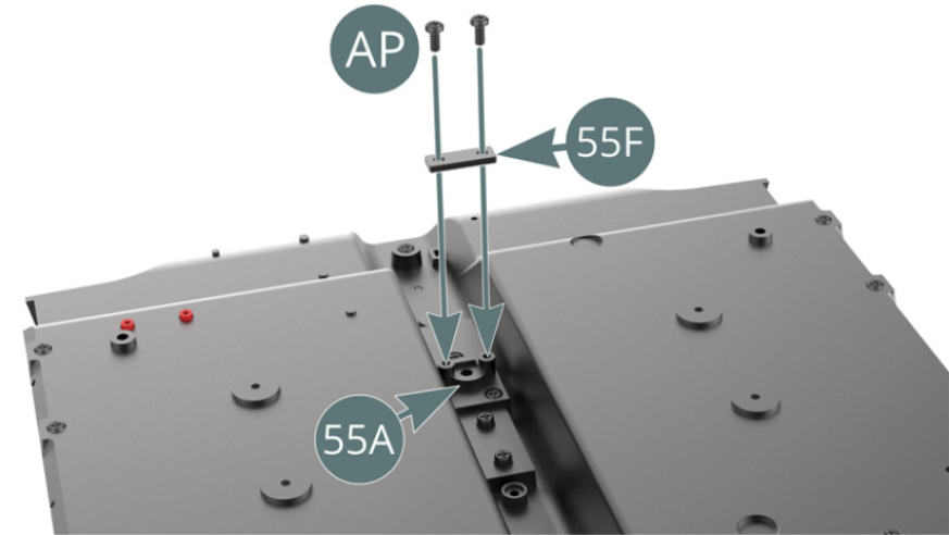 Temporarily place the mounting bracket (55F) on the bottom plate (55A), securing it (but not too tightly) with two AP screws.The gear lever (55E) and its bellows (55C) are positioned