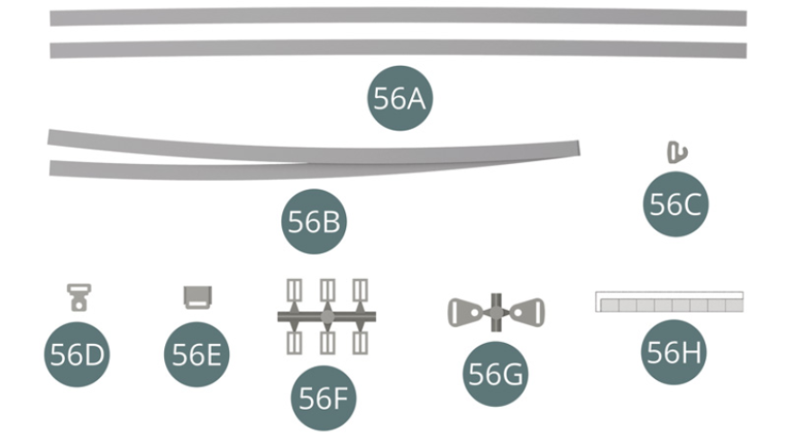 56A Gurtband (2 Stück) 56B Sicherheitsgurt 56C Hakenschnalle 56D Verriegelungsschnalle  56E Verriegelungsschnalle 56F Schnalle (6 Stück) 56G Befestigungsplatte (2 Stück) 56H Doppelseitiges Klebeband (8 Stück)