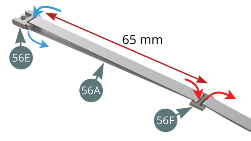 Pass the first belt strap (56A) through the locking buckle (56E), folding it gently in the middle (blue arrows). Join the two ends of the strap (56A) in a buckle (56F) - red arrows - so that it is 65 mm from the locking buckle (56E). Then pass the two parts of the belt strap (56A) together through an attachment plate (56G) - blue arrow, then secure the two ends of the strap with adhesives (56H) as shown below.