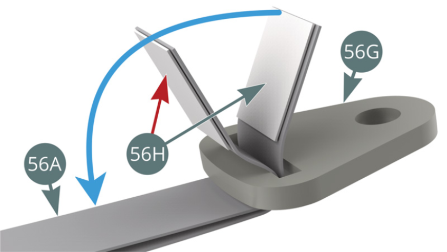 First apply double-sided adhesive (56H) below the end of the strap (56A) - red arrow -, then wind it around the attachment plate (56G) and fold it over to seal it. Then fold over the other end of the strap (56A) and use double-sided adhesive to stick it to the end already attached (blue arrow).