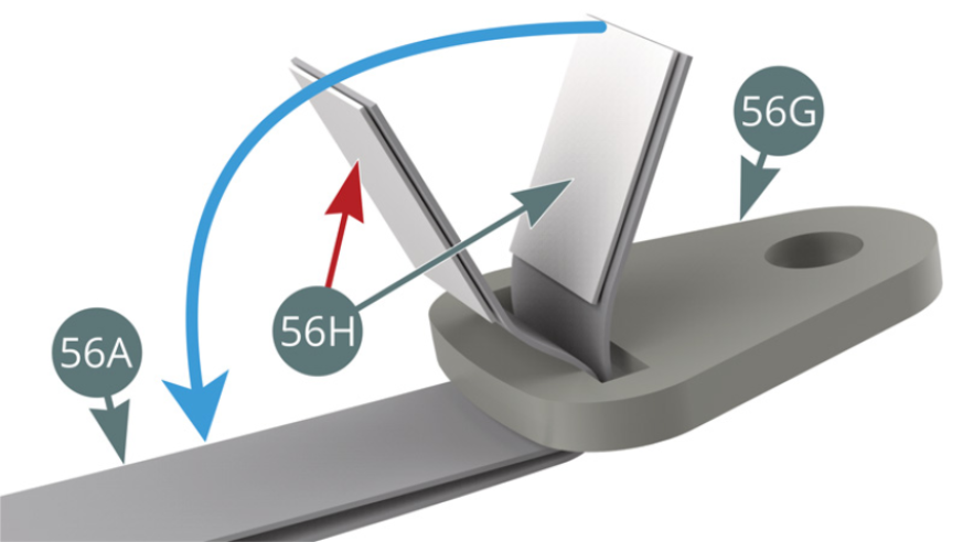 First apply double-sided adhesive (56H) below the end of the strap (56A) - red arrow -, then wind it around the attachment plate (56G) and fold it over to seal it. Then fold over the other end of the strap (56A) and use double-sided adhesive to the end already attached (blue arrow). The right belt strap is now assembled.