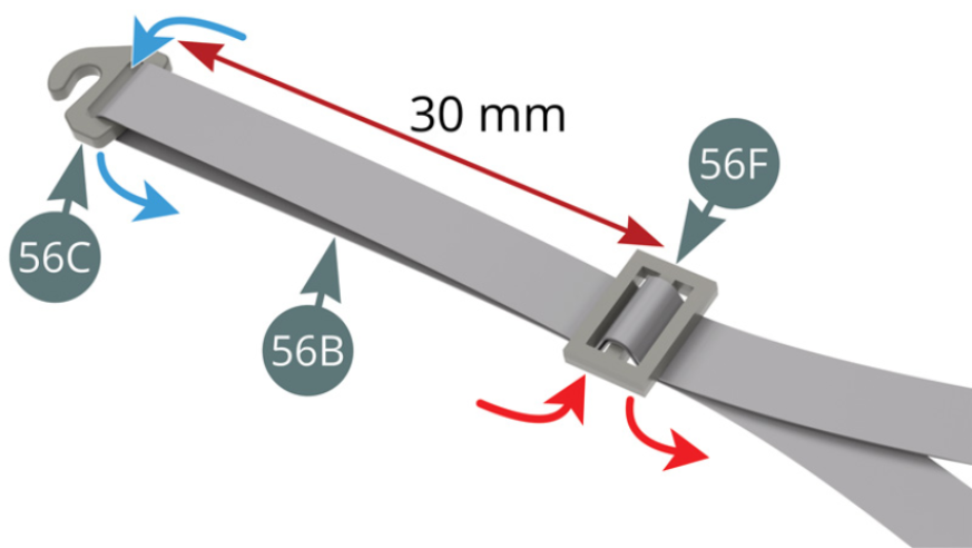 Pase el Cinturón de seguridad (56B) por la Hebilla de gancho (56C), doblándolo suavemente en el centro (flechas azules). Une los dos extremos del Cinturón de seguridad (56B) en una Hebilla (56F) (flechas rojas), manteniéndola a 30 mm de la Hebilla de gancho (56C). A continuación, pase cada una de las dos partes del Cinturón de seguridad (56B) por una Hebilla (56F) (flechas azules), situándolas a 55 mm de la hebilla anterior (56F).