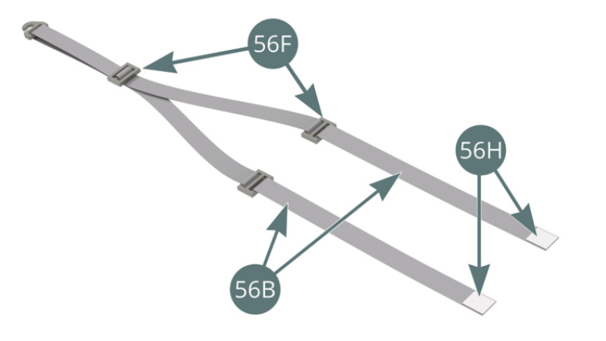 Bringen Sie ein doppelseitiges Klebeband (56H) an jedem Ende des Sicherheitsgurts (56B) an. Legen Sie die Verriegelungsschnalle (56D) des rechten Gurtbandes auf die Verriegelungsschnalle (56E) des linken Gurtbandes.