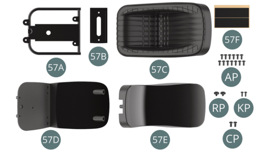 57A Seat frame 57B Seat base 57C Seat upholstery 57D External panel 57E Internal panel 57F Adhesive tape (x 2)Screw AP M 1.7 x 4 mm (x 13) Screw RP M 1.7 x 3 x 5.5 mm (x 2) Screw KP M 1.4 x 4 mm (x 2) Screw CP M 2.0 x 4 mm (x 2) 