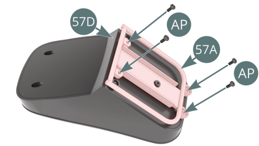 Position the seat frame (57A) on the external panel (57D) and secure with four AP screws. Position the seat base (57B) on the external panel (57D) and secure with an RP screw, ensuring that the base slides correctly.