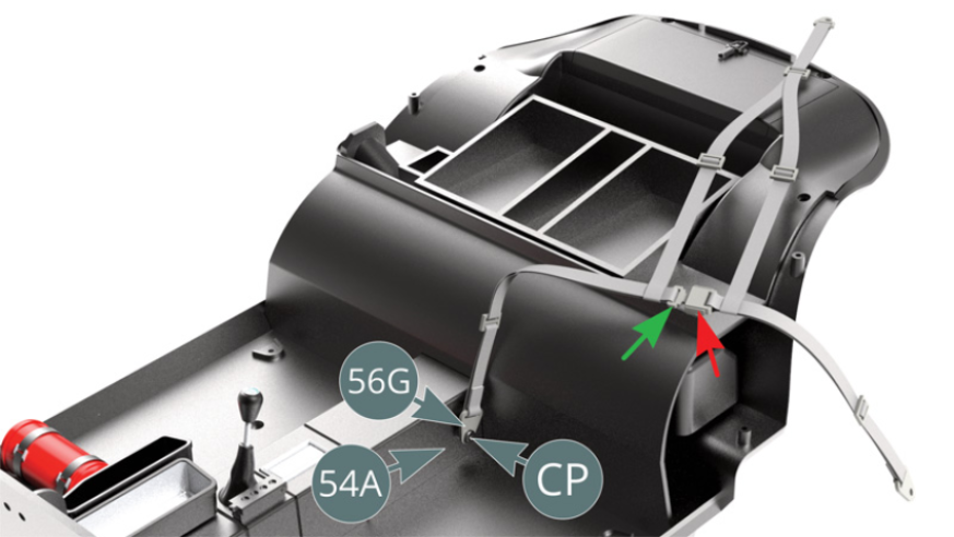 Place the driver's seat belt attachment plate (56G) on the centre console (54A) and secure with a CP screw. Verify that the locking buckles are correctly positioned as indicated by the green and red arrows. Align the seat base brackets (57B) with the seat housing located in the cabin floor (52A) and secure from below with two AP screws as shown in the illustration opposite.