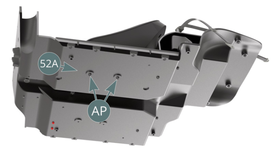 The driver's seat is now fixed to the cabin floor (52A) with two AP screws. Place the seat belt above the seat upholstery (57C) and secure the attachment plate (56G) of the left strap to the cabin floor (52A) with a KP screw.