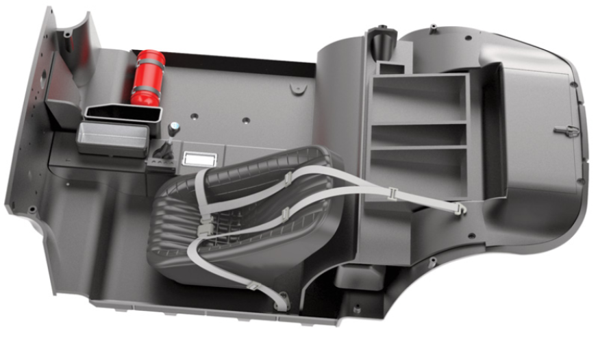 The driver's seat and its belt are fixed to the cabin floor.Guide the LED cable H / red – black (47J) and the cable D / blue – white (47F) along the edge of the chassis floor (39A) and the floor panel (40A), then secure them with two adhesive tapes (57F).