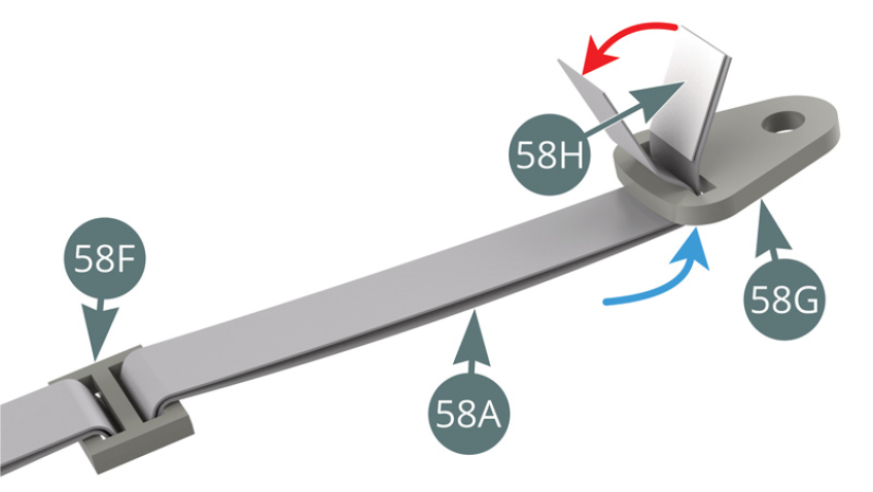 Passer ensuite ensemble les deux parties de la sangle de ceinture 58A à travers une plaque d’attache 58G (flèche bleue), puis fixer les deux extrémités de la sangle avec des adhésifs 58H comme indiqué ci-après.