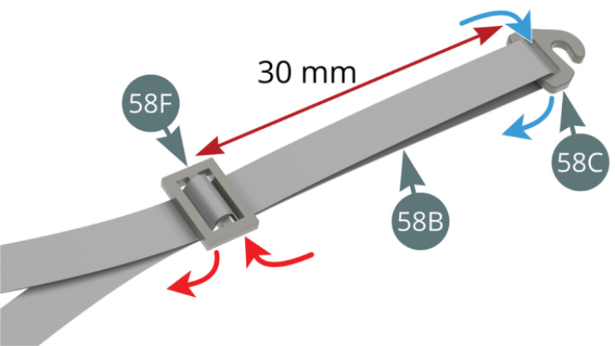 Pase el Cinturón de seguridad (58B) por la Hebilla de gancho (58C), doblándolo suavemente en el centro (flechas azules). Une los dos extremos del Cinturón de seguridad (58B) en una Hebilla (58F) (flechas rojas), manteniéndola a 30 mm de la Hebilla de gancho (58C). A continuación, pase cada una de las dos partes del Cinturón de seguridad (58B) por una Hebilla (58F) (flechas azules), situándolas a 55 mm de la hebilla anterior (58F).