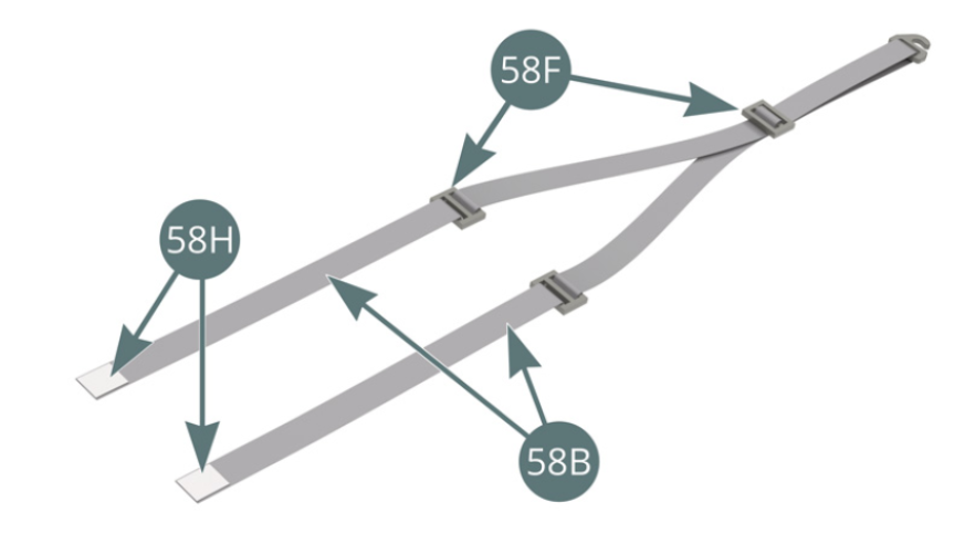 Bringen Sie ein doppelseitiges Klebeband (58H) an jedem Ende des Sicherheitsgurts (58B) an. 