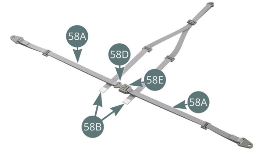 Bring the right and left belt straps (58A) (connected by their locking buckles) over the ends of the seat belts (58B). 