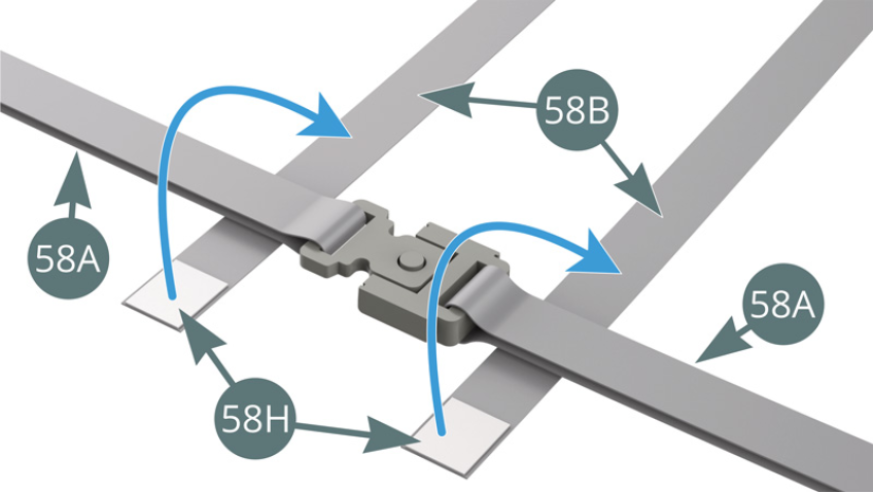 Fold the ends of the seat belts (56B) over the right and left belt straps (56A) and secure them with the double-sided adhesives that are already present (blue arrows).