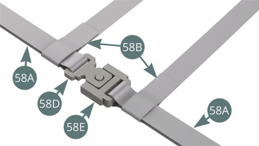 Les ceintures de sécurité 58B sont positionnées sur les sangles de ceinture droite et gauche 58A.