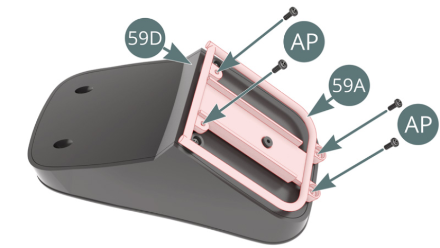 Positionner le châssis de siège 59A sur le panneau extérieur 59D et le fixer avec quatre vis AP.Positionner la base de siège 59B sur le panneau extérieur 59D et le fixer avec une vis RP, en s’assurant que la base coulisse correctement.