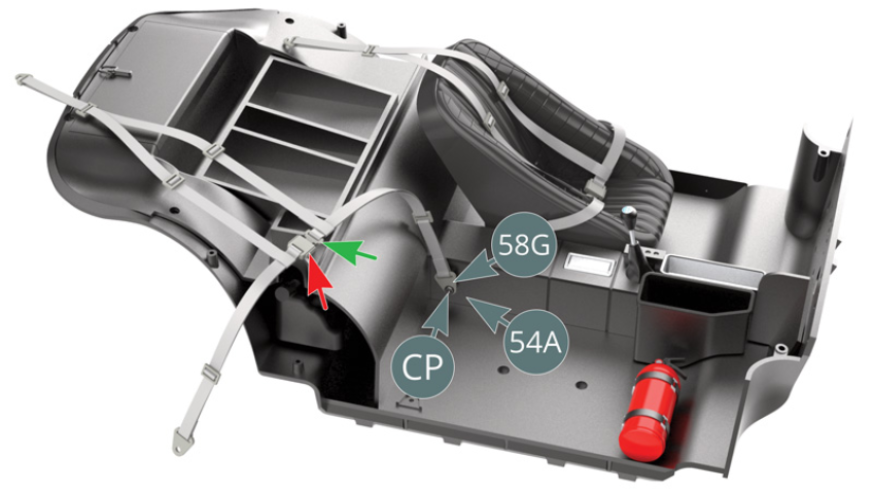 Place the attachment plate (58G) of the passenger's seat belt on the center console (54A) and secure with a CP screw. Check that the locking buckles are correctly positioned as indicated by the green and red arrows. Align the seat base brackets (59B) with the seats housings located in the cabin floor (52A) and secure them from below with two AP screws as shown.