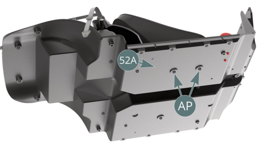 The passenger’s seat is fixed to the cabin floor (52A) with two AP screws. Place the seat belt above the seat upholstery (59C) and secure the attachment plate (58G) of the right strap to the cabin floor (52A) with a KP screw.