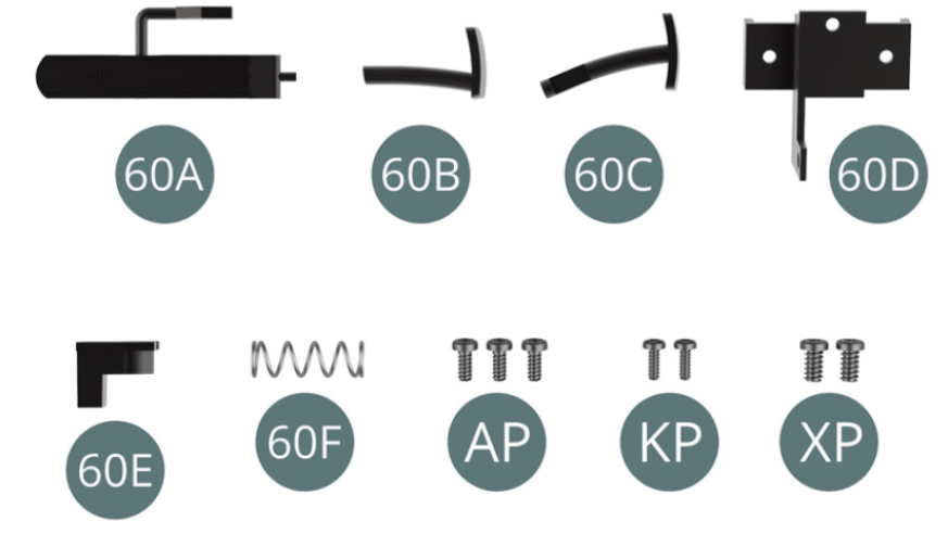 60A Accelerator pedal 60B Clutch pedal 60C Brake pedal 60D Bracket 60E Switch 60F Return springScrew AP M 1,7 x 4 mm (x 3) Screw KP M 1,4 x 4 mm (x 2) Screw XP M 2,3 x 4 mm (x 2)