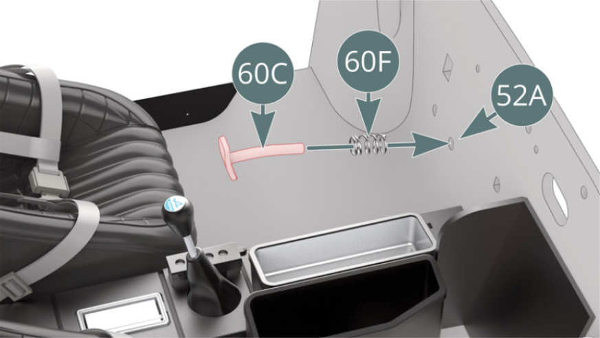 Far passare il pedale del freno (60C) attraverso la molla di ritorno (60F) e il pannello anteriore del pavimento dell'abitacolo (52A) (figura sopra). Posizionare l'interruttore (60E) sul pedale del freno (60C) dall'altro lato del pannello frontale del pavimento dell'abitacolo (52A).