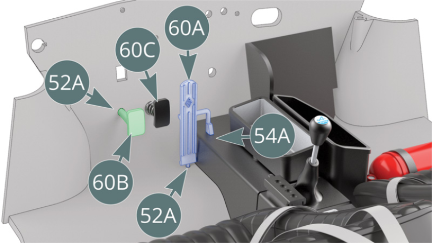 Platzieren Sie das Gaspedal (60A) auf dem Kabinenboden (52A) und der Mittelkonsole (54A). Positionieren Sie das Kupplungspedal (60B) auf dem Kabinenboden (52A). Lösen Sie die beiden AP-Schrauben von der Bodenplatte (55A) und entfernen Sie die Halterung (55F). Positionieren Sie den Kabelstecker B (47D) im Bodenplattengehäuse (55A).