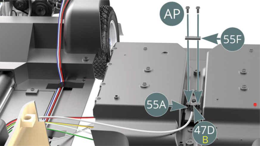 Stellen Sie sicher, dass der Stecker des Schalterkabels B (47D) fixiert wird und die Halterung (55F) mit zwei AP-Schrauben befestigt ist (Abbildungen oben).