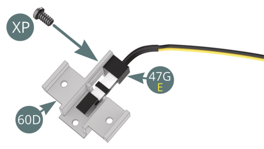 Posiciona el conector del cable del Interruptor E (47G) en el Soporte (60D) y asegúralo con un tornillo XP. Fija el Soporte (60D) al Interruptor (60E) con un tornillo KP.