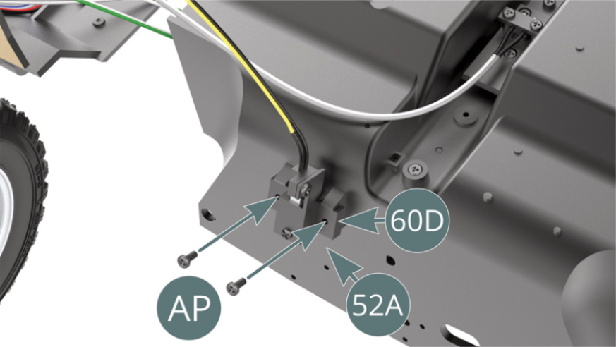 Befestigen Sie die Halterung (60D) mit zwei AP-Schrauben an der Frontplatte des Kabinenbodens (52A). Positionieren Sie den Kabinenboden (52A) auf dem Chassis wobei mit beiden Kabeln verbunden sind.