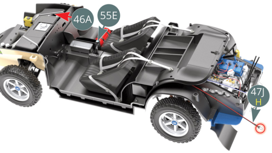 Push the battery switch (positioned on the fuel tank - 46A) to the “On” position. Press the gear lever (55E) and check that the LED cable H / reverse light (47J) lights up. Return the battery switch (46A) to the “Off” position.