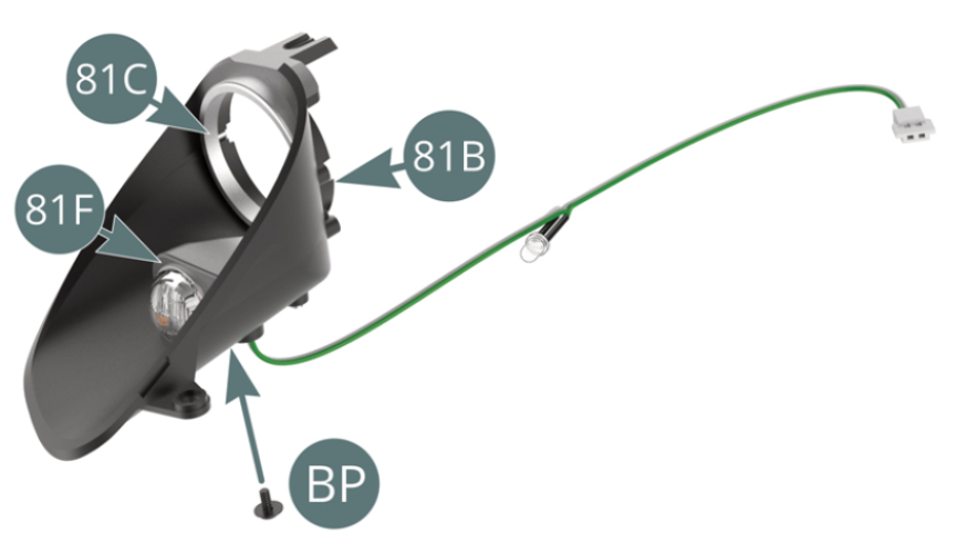 Positionner le boîtier de petit phare (R) 81F sur le boîtier de phare droit 81B et le fixer avec une vis BP. Positionner l’enjoliveur de grand phare 81C sur le boîtier de phare droit 81B. Positionner le réflecteur de grand phare 81D sur la lentille de grand phare 81E.