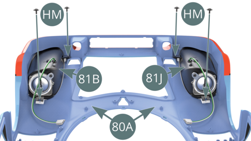 Positionner les boîtiers de phare droit 81B et gauche 81J au-dessus des bulles de phare correspondantes et les fixer sur la carrosserie 80A avec quatre vis HM (illustrations ci-contre).