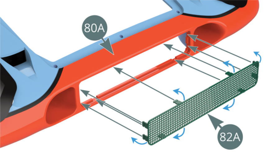 Plier à angle droit les huit languettes situées sur les bords de la grille d’aération 82A et placer celle-ci dans l’ouverture à l’avant de la carrosserie 80A. Depuis l’intérieur, rabattre les languettes de la grille d’aération 82A pour la fixer dans l’ouverture à l’avant de la carrosserie 80A.